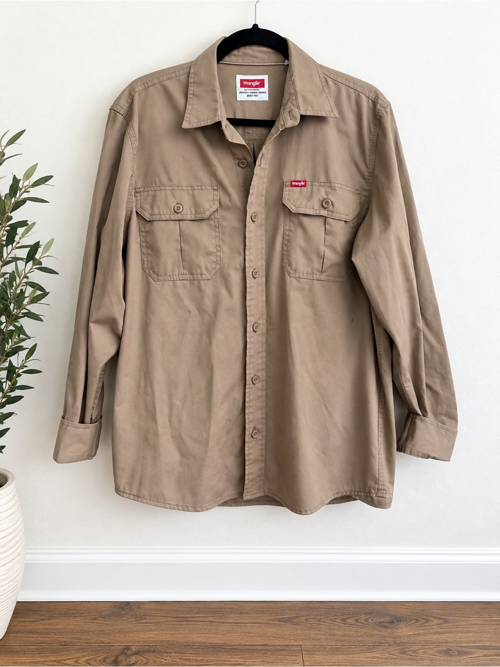 Wrangler Tan Long-Sleeve Button-Down Work Shirt